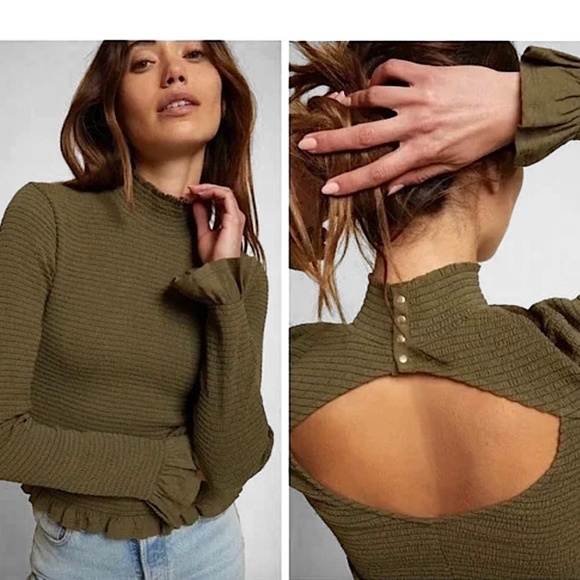 NATION LTD Yael Smocked High Ruffle Neck Top Ozark Green Pima Cotton Cutout Back - Picture 1 of 16